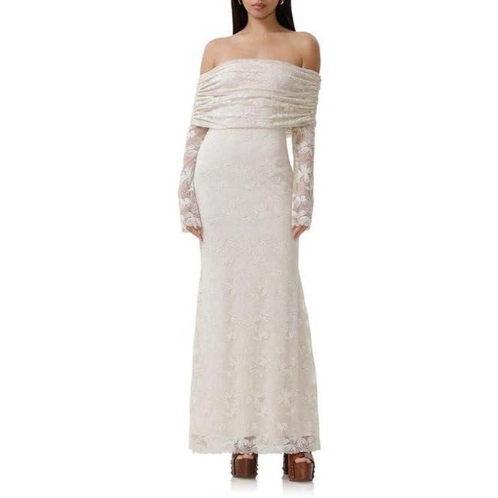 NWT AFRM Thelma Ivory Off Shoulder Lace Maxi Dress XL Boho Bridal Long Sleeve